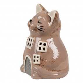 26CE1905 Tealight Holder Cat 14x12x18 cm Brown Ceramic Tea-light Holder