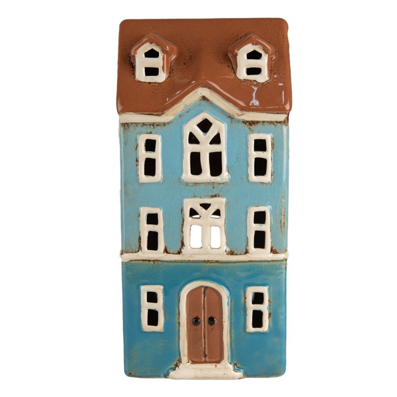 6CE1915 Porte-bougie Maison 11x9x22 cm Bleu Marron Céramique Porte-bougies