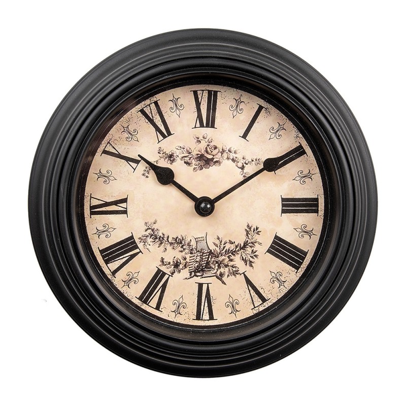 6KL0827 Wall Clock Ø 23x4 cm Black Beige Plastic Glass Hanging Clock