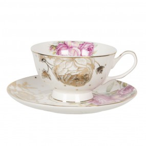 26CE1123 Tasse et soucoupe 200 ml Blanc Rose Porcelaine Fleurs Vaisselle