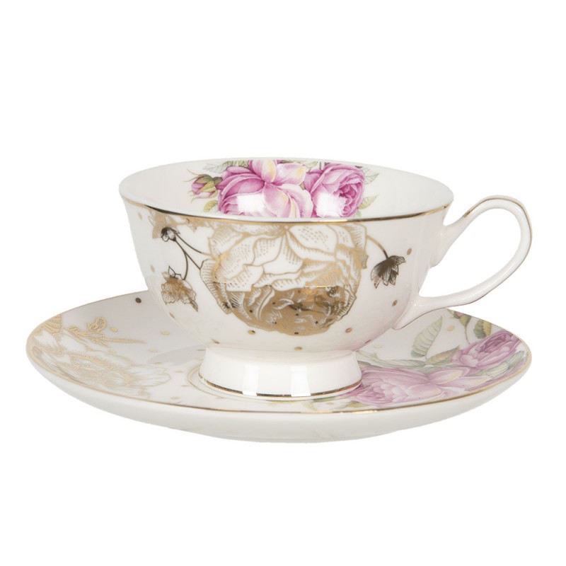 6CE1123 Tasse et soucoupe 200 ml Blanc Rose Porcelaine Fleurs Vaisselle