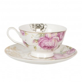 26CE1123 Tasse et soucoupe 200 ml Blanc Rose Porcelaine Fleurs Vaisselle