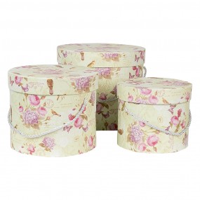 266004 Boîte de rangement set de 3 23x20 / Ø 20x17 / Ø 17x14 cm Vert Carton Fleurs Rond