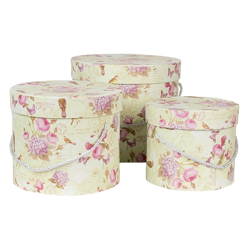 66004 Boîte de rangement set de 3 23x20 / Ø 20x17 / Ø 17x14 cm Vert Carton Fleurs Rond