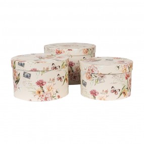 266005 Storage Box Set of 3 Ø 24x16 / Ø 22x15 / Ø 21x13 cm Beige Cardboard Flowers Round