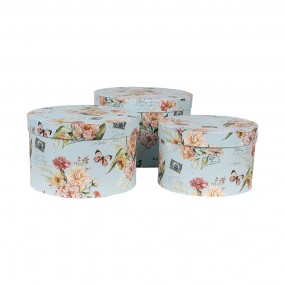 266006 Boîte de rangement set de 3 Ø 24x16 / Ø 22x15 / Ø 21x13 cm Bleu Carton Fleurs Rond