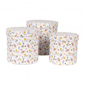 266007 Boîte de rangement set de 3 Ø 19x19 / Ø 17x17 / Ø 15x15 cm Blanc Carton Fleurs Rond