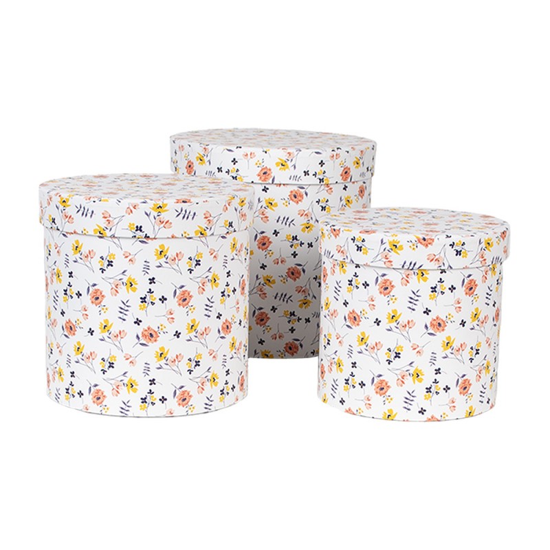 66007 Boîte de rangement set de 3 Ø 19x19 / Ø 17x17 / Ø 15x15 cm Blanc Carton Fleurs Rond