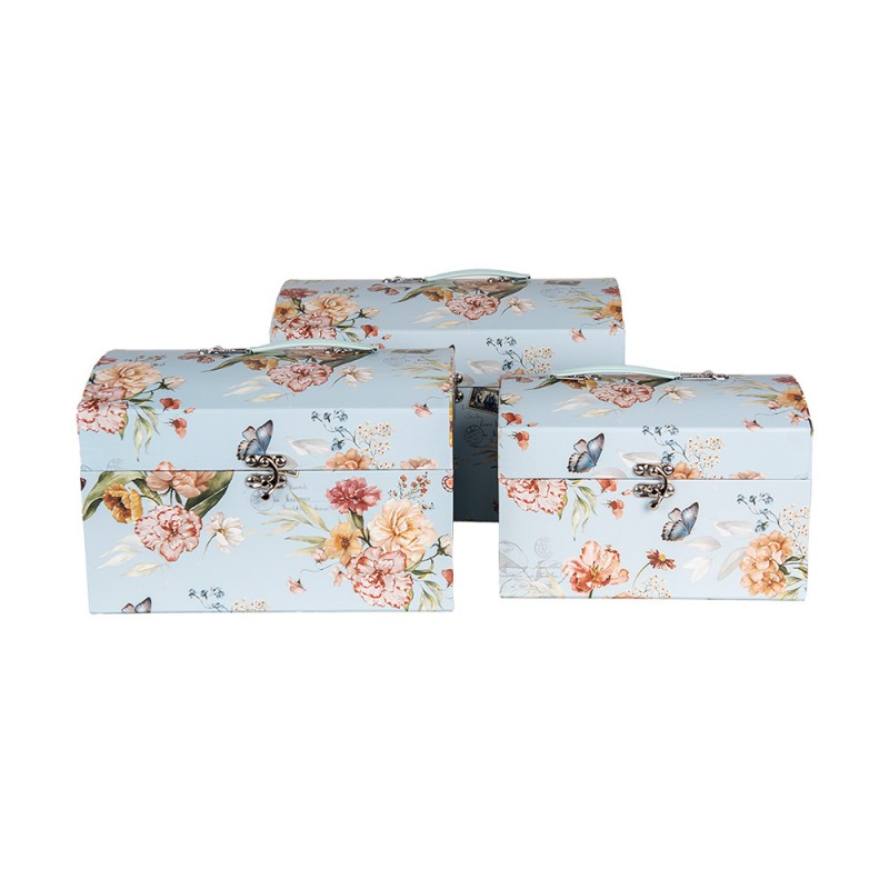 66008 Decoratie Koffer Set van 3 30x20x20 /26x18x18/22x15x15 cm Blauw Karton Bloemen Rechthoek