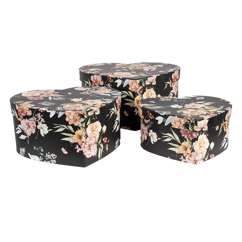 66010 Storage Box Set of 3 28x26x14/24x23x12/21x20x10 cm Black Cardboard Flowers Heart-Shaped