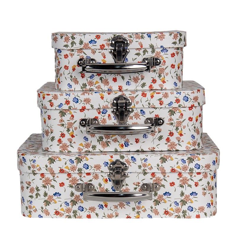 66012 Decorative Suitcase Set of 3 30x22x9/25x20x9/20x17x8 cm White Cardboard Flower Rectangle