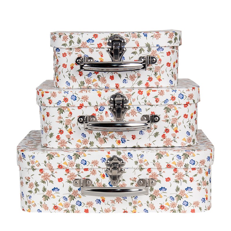 66012 Decorative Suitcase Set of 3 30x22x9/25x20x9/20x17x8 cm White Cardboard Flower Rectangle