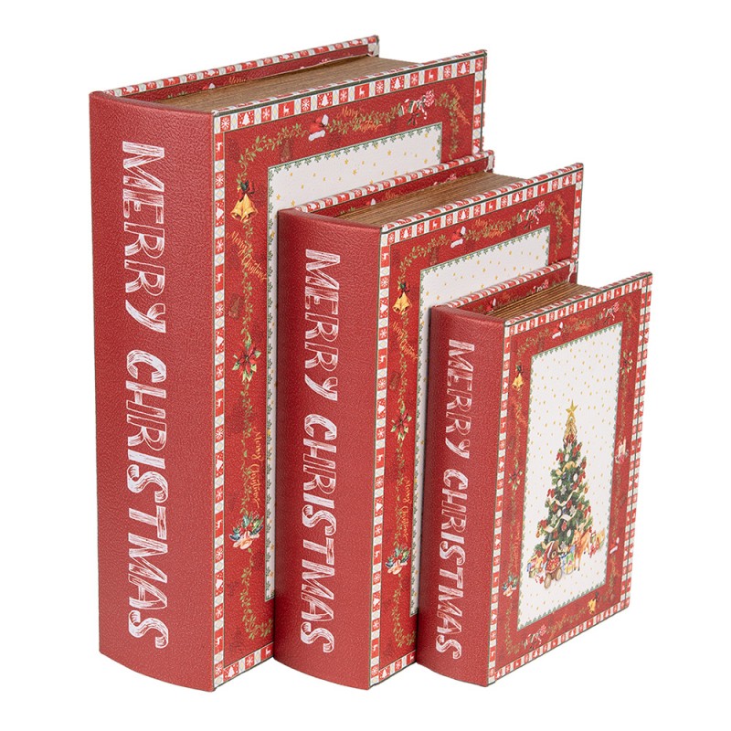 65755 Opbergdoos Set van 3 Boeken 27x22x7 / 22x17x6 / 17x12x4 cm Rood Houtproduct Kerstboom Rechthoek