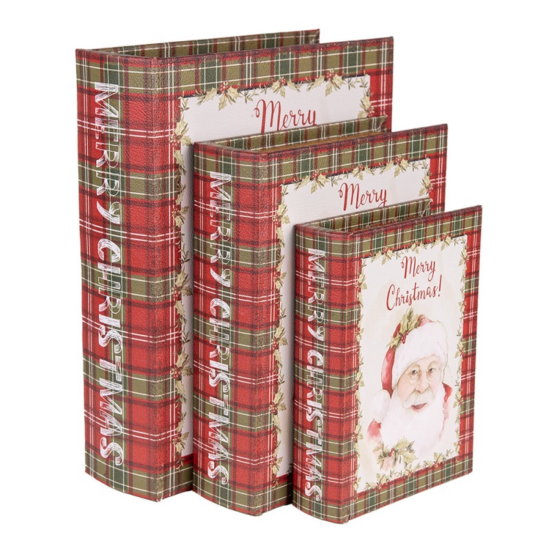 65756 Opbergdoos Set van 3 Boeken 27x22x7 / 22x17x6 / 17x12x4 cm Rood Wit Houtproduct Kerstman Rechthoek