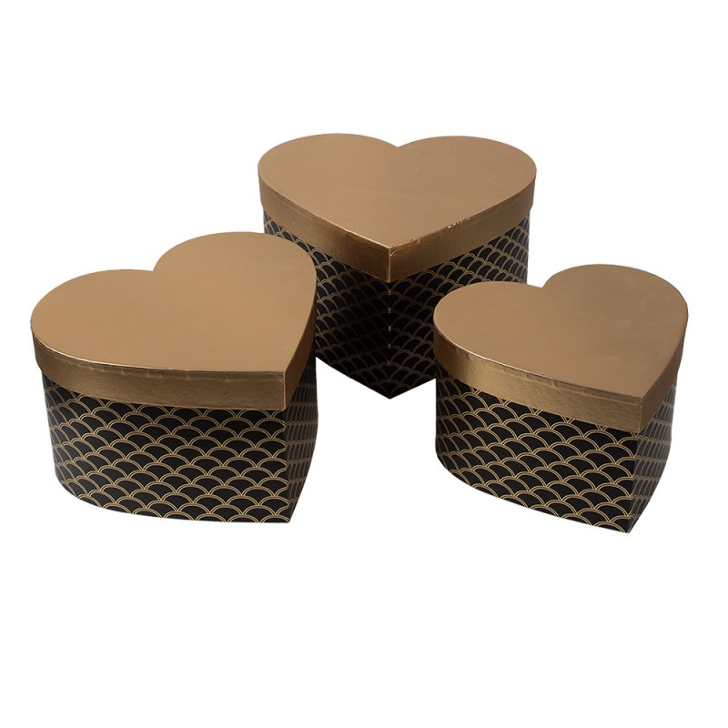 65459 Boîte de rangement set de 3 27x24x15 / 24x21x14 / 21x19x12 cm Noir Couleur or Carton En forme de coeur