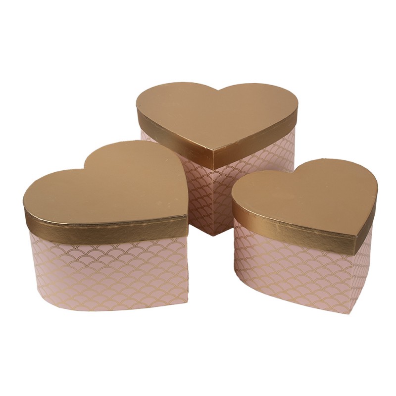 65460 Storage Box Set of 3 27x24x15 / 24x21x14 / 21x19x12 cm Pink Gold colored Cardboard Heart-Shaped