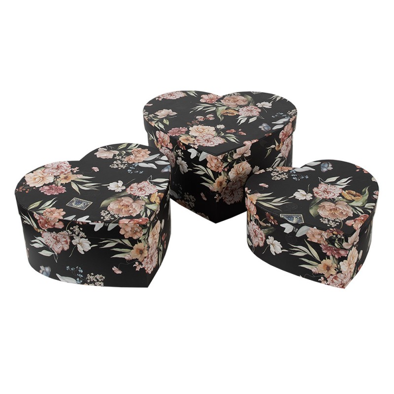 66010 Boîte de rangement set de 3 28x26x14/24x23x12/21x20x10 cm Noir Carton Fleurs En forme de coeur