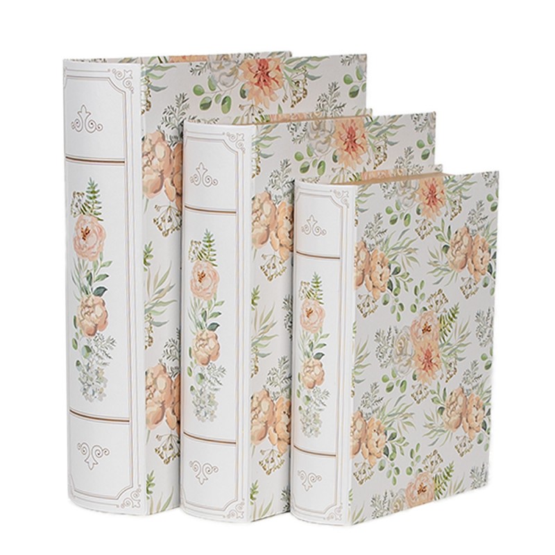 66021 Boîte de rangement set de 3 Livres 29x24x7/25x20x6/22x16x5 cm Blanc Vert Carton Fleurs Rectangle