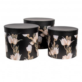 266023 Storage Box Set of 3 Ø 24x21 / Ø 22x29/ Ø 19x18 cm Black Cardboard Tulips Round