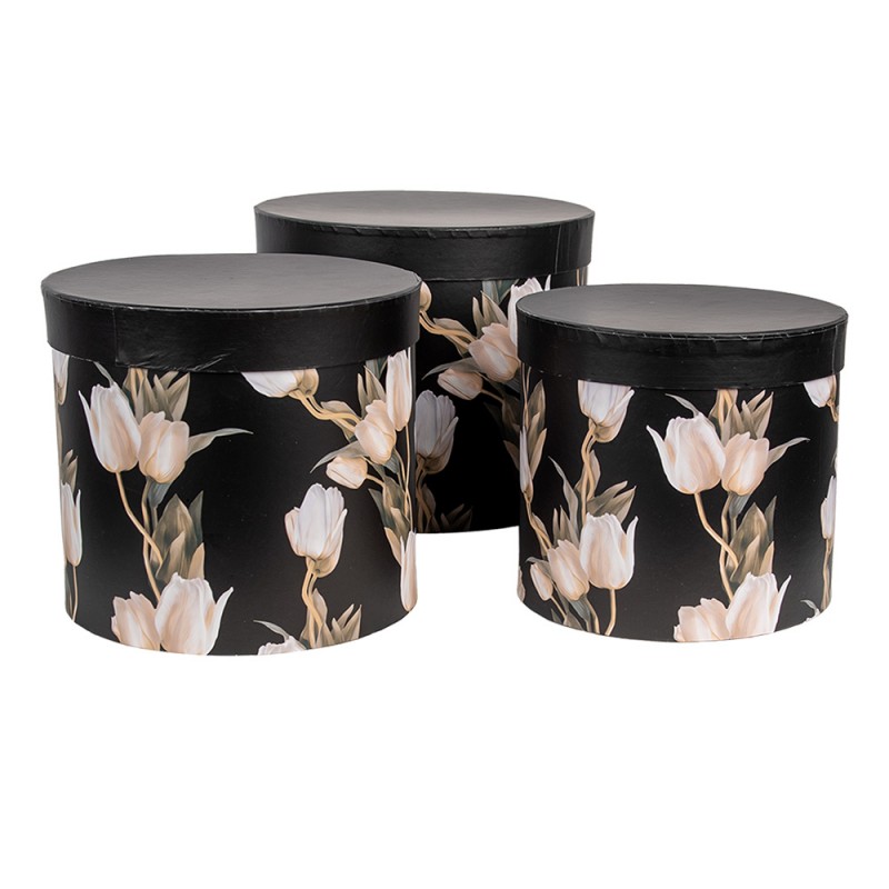 66023 Boîte de rangement set de 3 Ø 24x21 / Ø 22x29/ Ø 19x18 cm Noir Carton Tulipes Rond