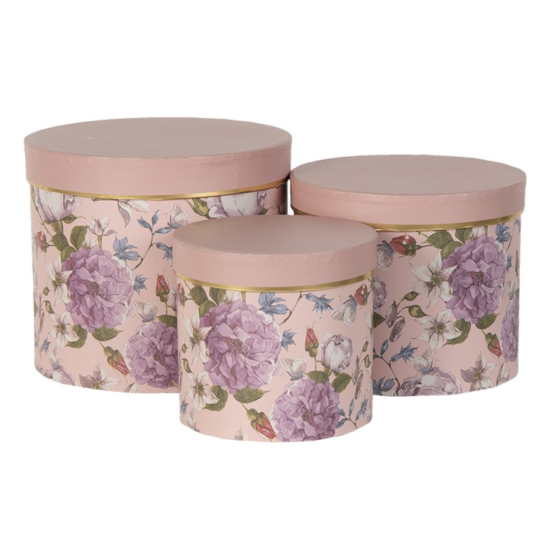 64742 Hat Box Set of 3 Ø 20x17 / Ø 17x15 / Ø 14x13 cm Pink Cardboard Flowers Round Storage Box