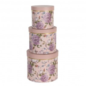 264742 Hat Box Set of 3 Ø 20x17 / Ø 17x15 / Ø 14x13 cm Pink Cardboard Flowers Round Storage Box