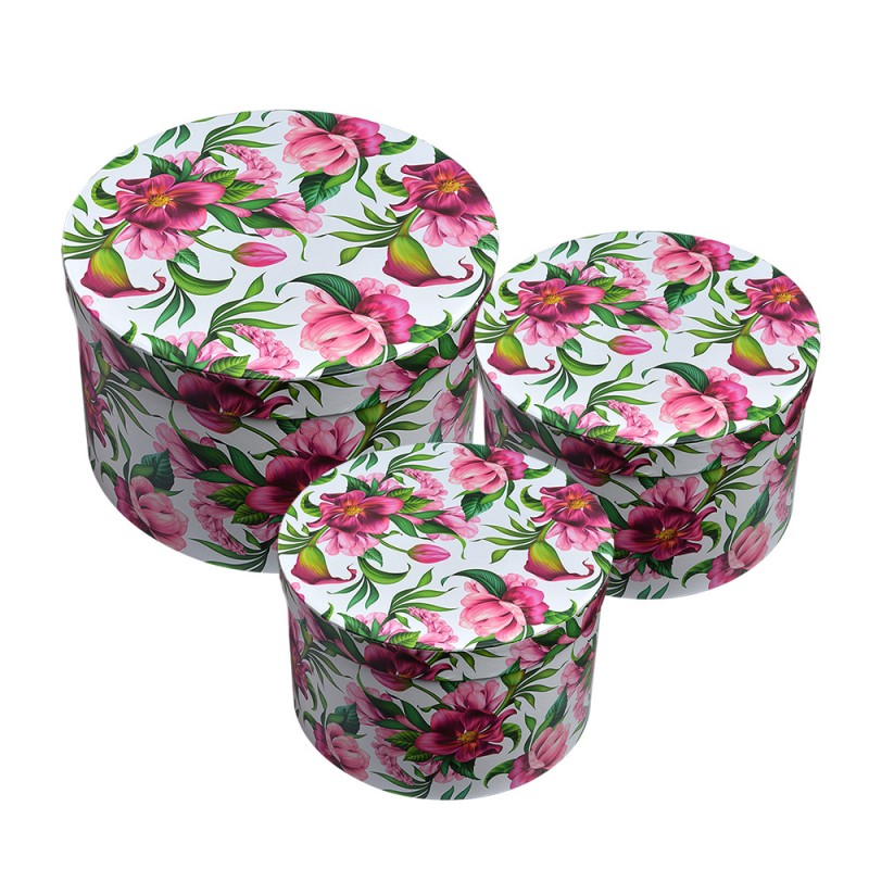 65455 Aufbewahrungsbox 3er Set Ø 26x15 / Ø 22x15 / Ø 19x14 cm Rosa Karton Blumen Rund