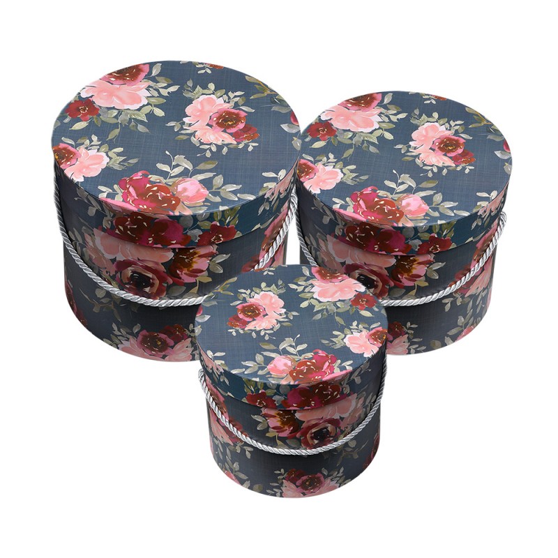 65456 Boîte de rangement set de 3  Ø 23x20 / Ø 20x17 / Ø 17x14 cm Rose Carton Fleurs Rond