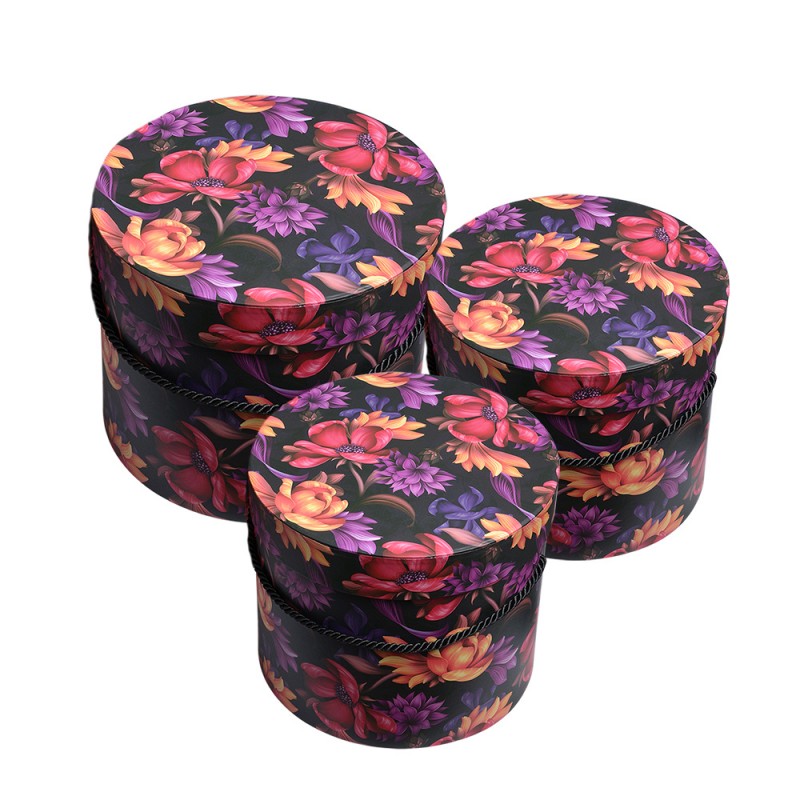 65457 Opbergdoos Set van 3 Ø 23x20 / Ø 20x17 / Ø 17x14 cm Oranje Karton Bloemen Rond