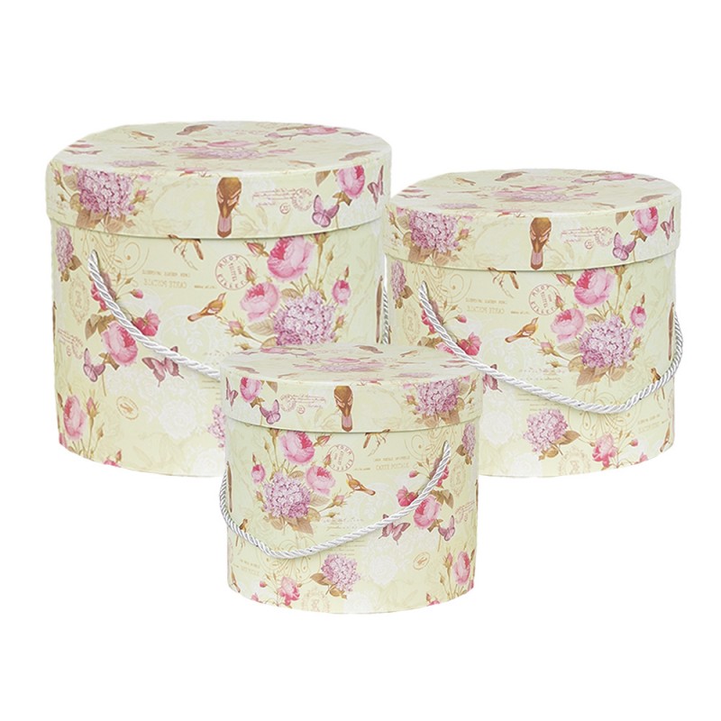 66004 Boîte de rangement set de 3 23x20 / Ø 20x17 / Ø 17x14 cm Vert Carton Fleurs Rond