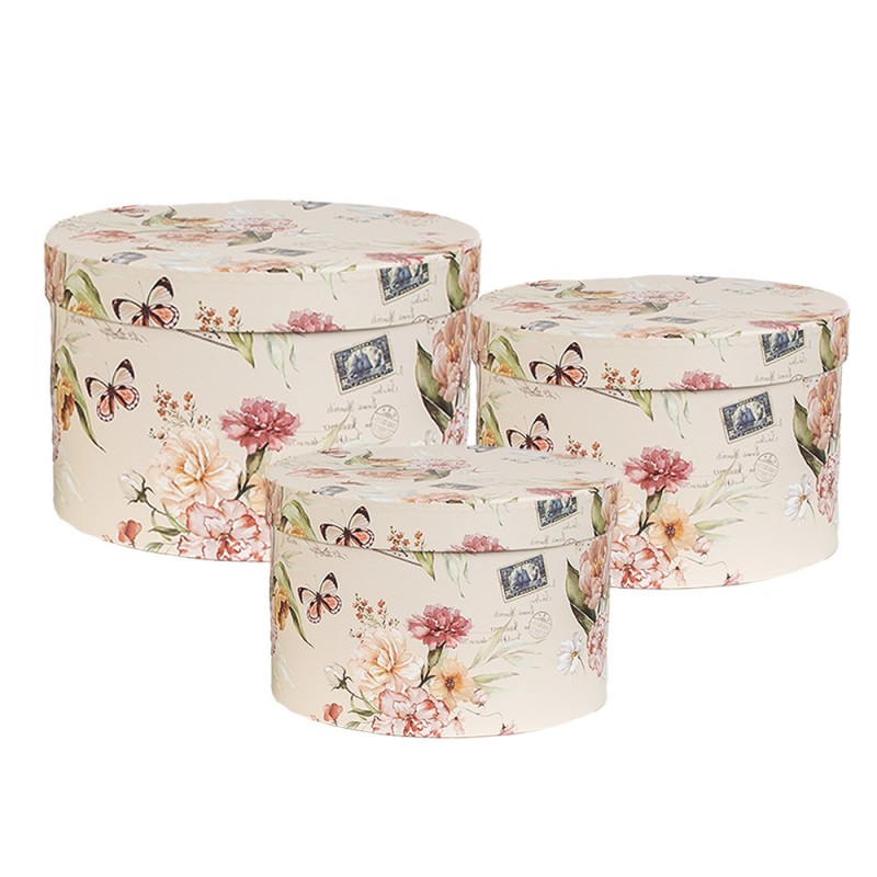 66005 Aufbewahrungsbox 3er Set Ø 24x16 / Ø 22x15 / Ø 21x13 cm Beige Karton Blumen Rund