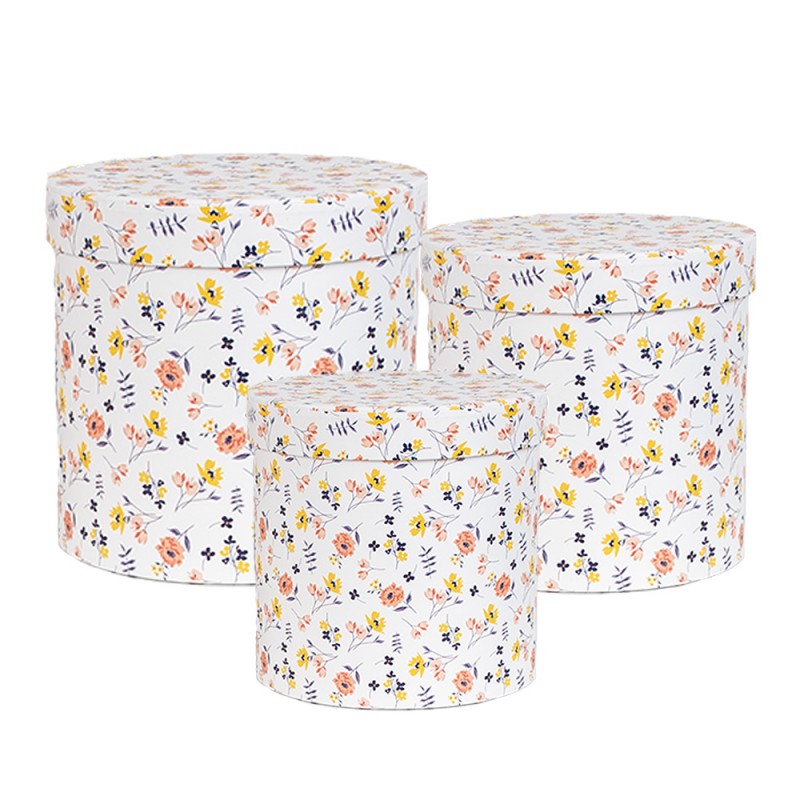 66007 Storage Box Set of 3 Ø 19x19 / Ø 17x17 / Ø 15x15 cm White Cardboard Flowers Round