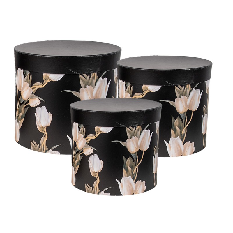 66023 Boîte de rangement set de 3 Ø 24x21 / Ø 22x29/ Ø 19x18 cm Noir Carton Tulipes Rond