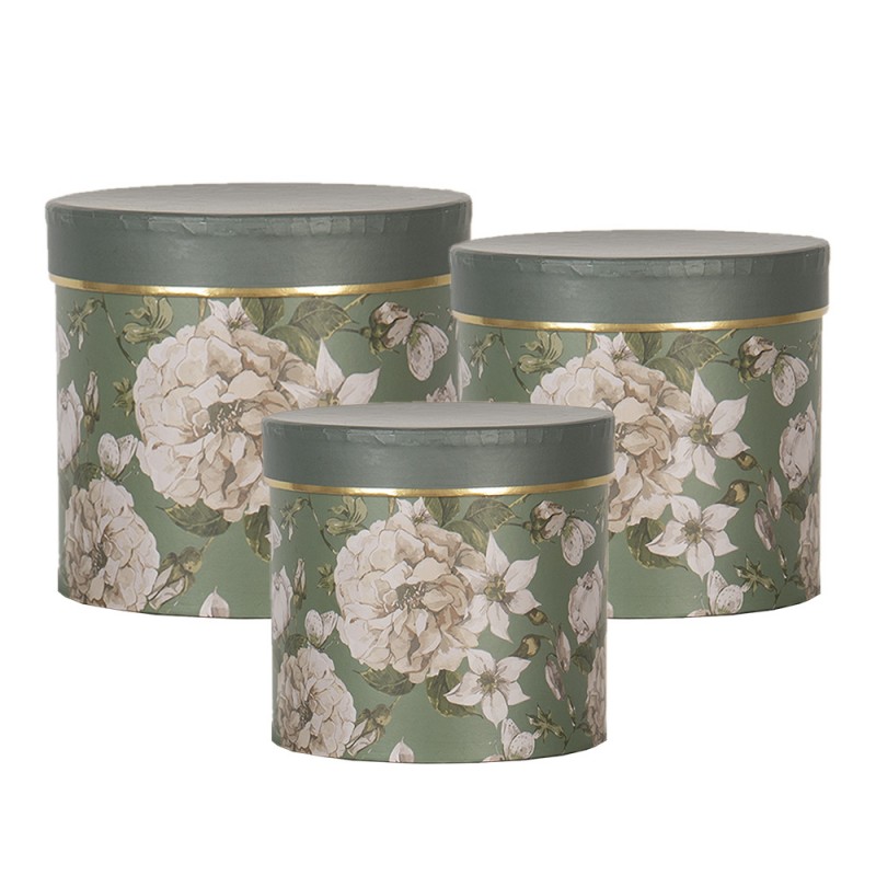 64743 Hat Box Set of 3 Ø 20x17 / Ø 17x15 / Ø 14x13 cm Green Cardboard Flowers Storage Box