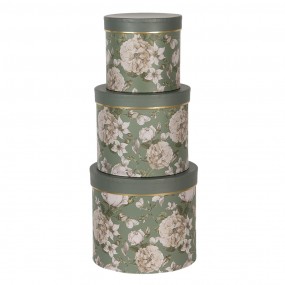 264743 Hat Box Set of 3 Ø 20x17 / Ø 17x15 / Ø 14x13 cm Green Cardboard Flowers Storage Box