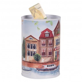 26BL0158 Money Box Ø 10x15 cm Blue Metal Houses