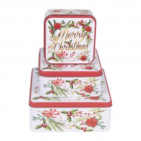 26BL0175 Storage tin Set of 3 20x20x8/ 15x15x7/ 12x12x6 cm White Red Metal