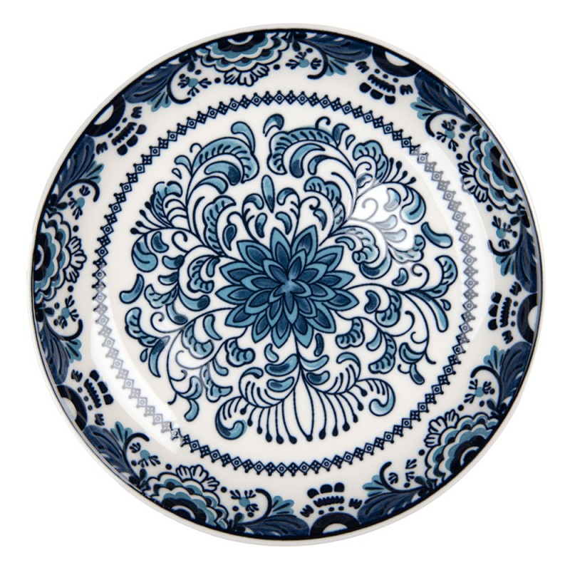 6CEDP0166 Breakfast Plate Ø 21x3 cm White Blue Ceramic