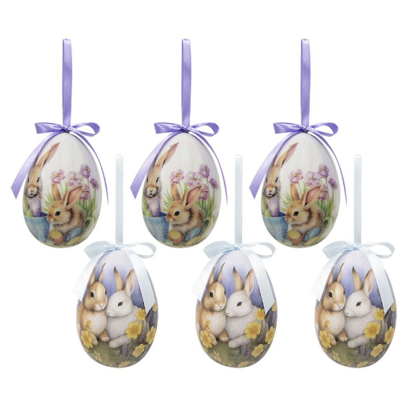 65911 Easter ornament set of 6 Egg Ø 7x10 cm Multicoloured Plastic Rabbits