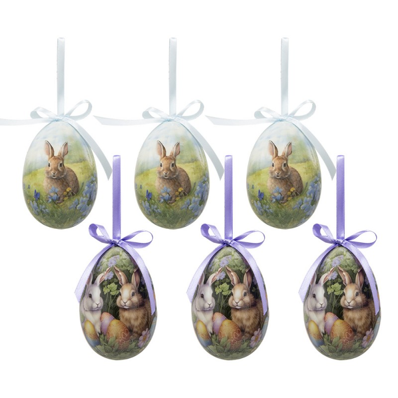 65912 Easter ornament set of 6 Egg Ø 7x10 cm Multicoloured Plastic Rabbits