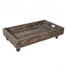 25H0378L Decorative Serving Tray on Wheels 73x44x16 cm Brown Wood Metal Rectangle Serving Platter