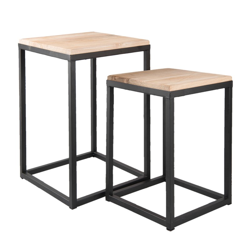6Y2510 Side Table Set of 2 Black Iron Wood Square Side Table