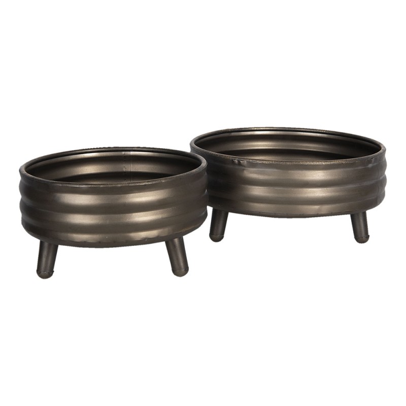 6Y4025 Decorative Pot Set of 2 Brown Metal Round Planter on Legs
