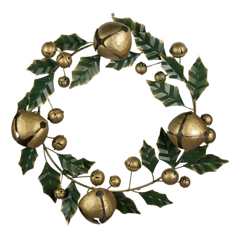 6Y4448 Wreath Ø 48x9 cm Gold colored Green Iron Round Christmas Wreath