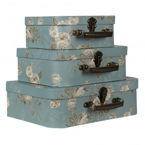 264753 Decorative Suitcase Set of 3 30x21x9/25x18x9/20x16x8 cm Green Cardboard Flowers Rectangle Storage Case