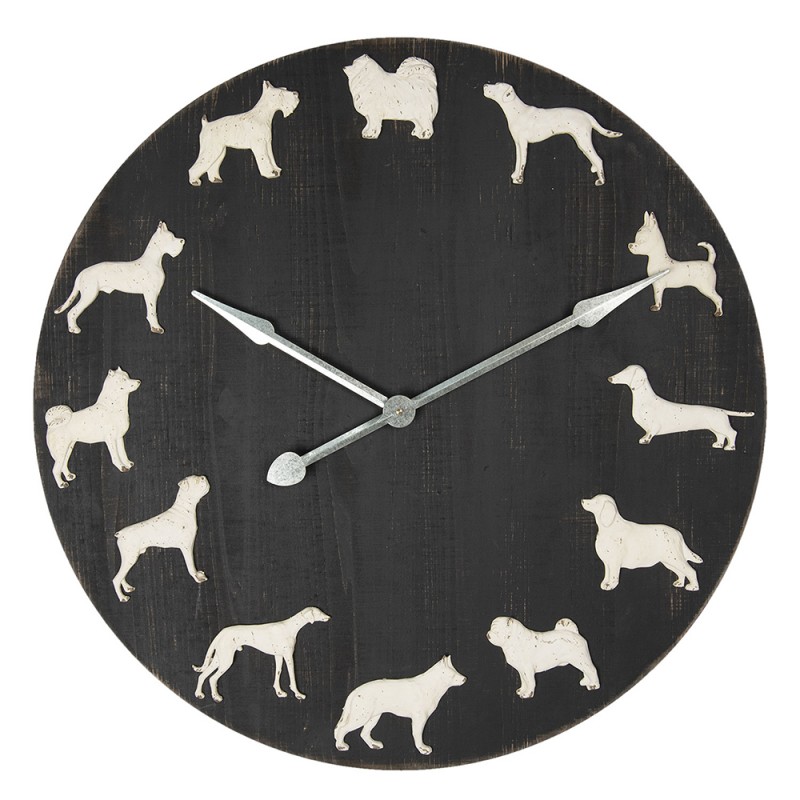 5KL0187 Wall Clock Ø 80 cm Black Wood Metal Dogs Round Hanging Clock