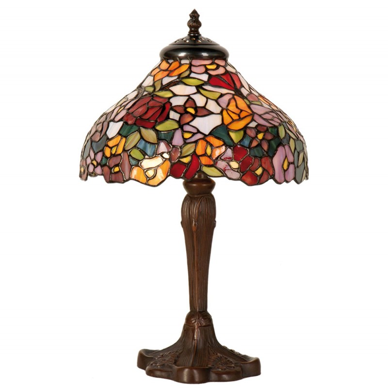 5LL-1130 Lampe de table Tiffany Ø 26x40 cm Marron Rouge Verre Fleurs Lampe de bureau Tiffany