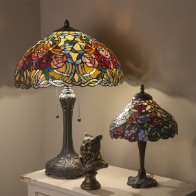25LL-1130 Lampe de table Tiffany Ø 26x40 cm Marron Rouge Verre Fleurs Lampe de bureau Tiffany
