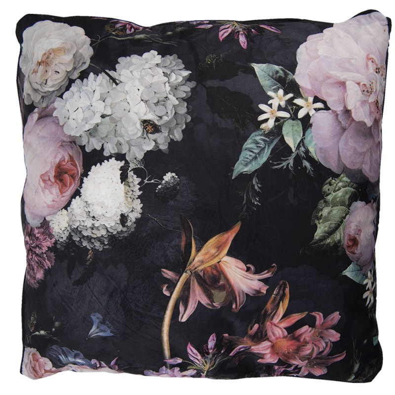 KG023.045 Decorative Cushion 45x45 cm Black Pink Synthetic Flowers Square Cushion Cover with Cushion Filling