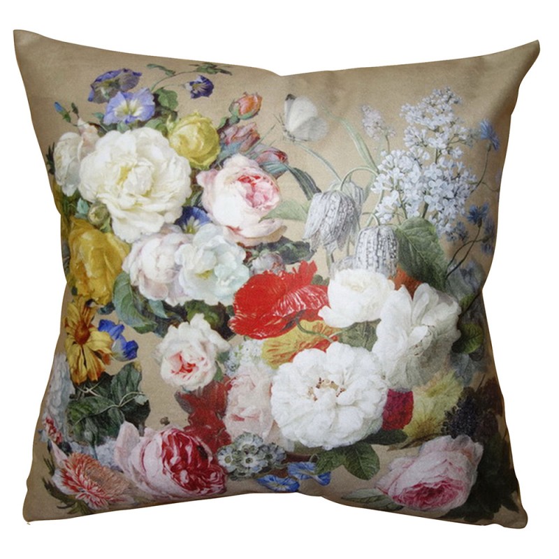 KT021.218 Cushion Cover 45x45 cm Beige White Polyester Flowers Square Pillow Cover